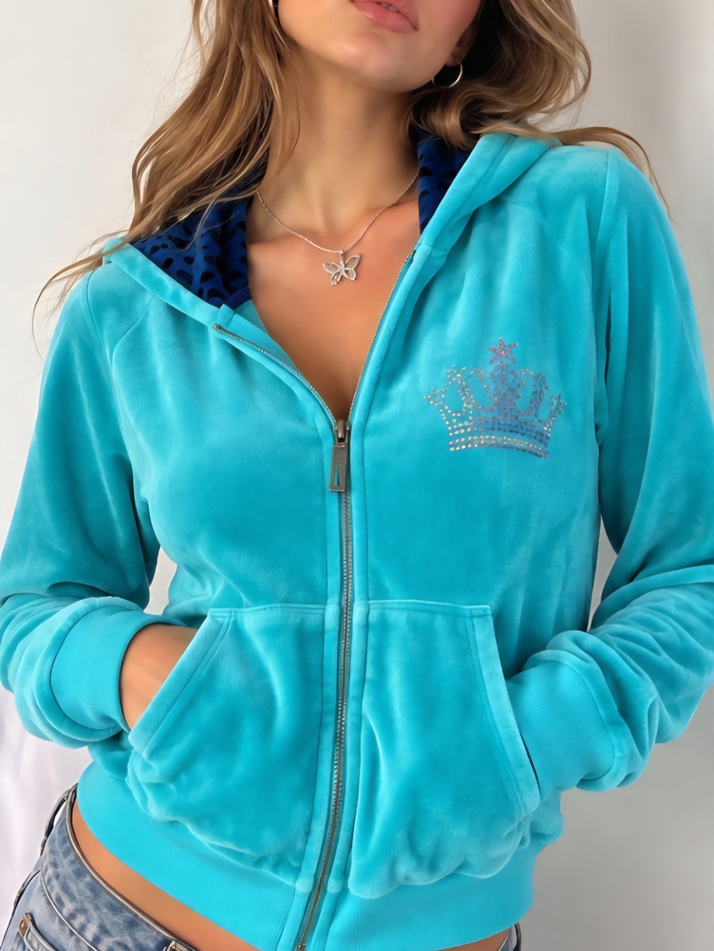 Y2K Duchess Turquoise Velour Rhinestone Crown Zip Hoodie XXL